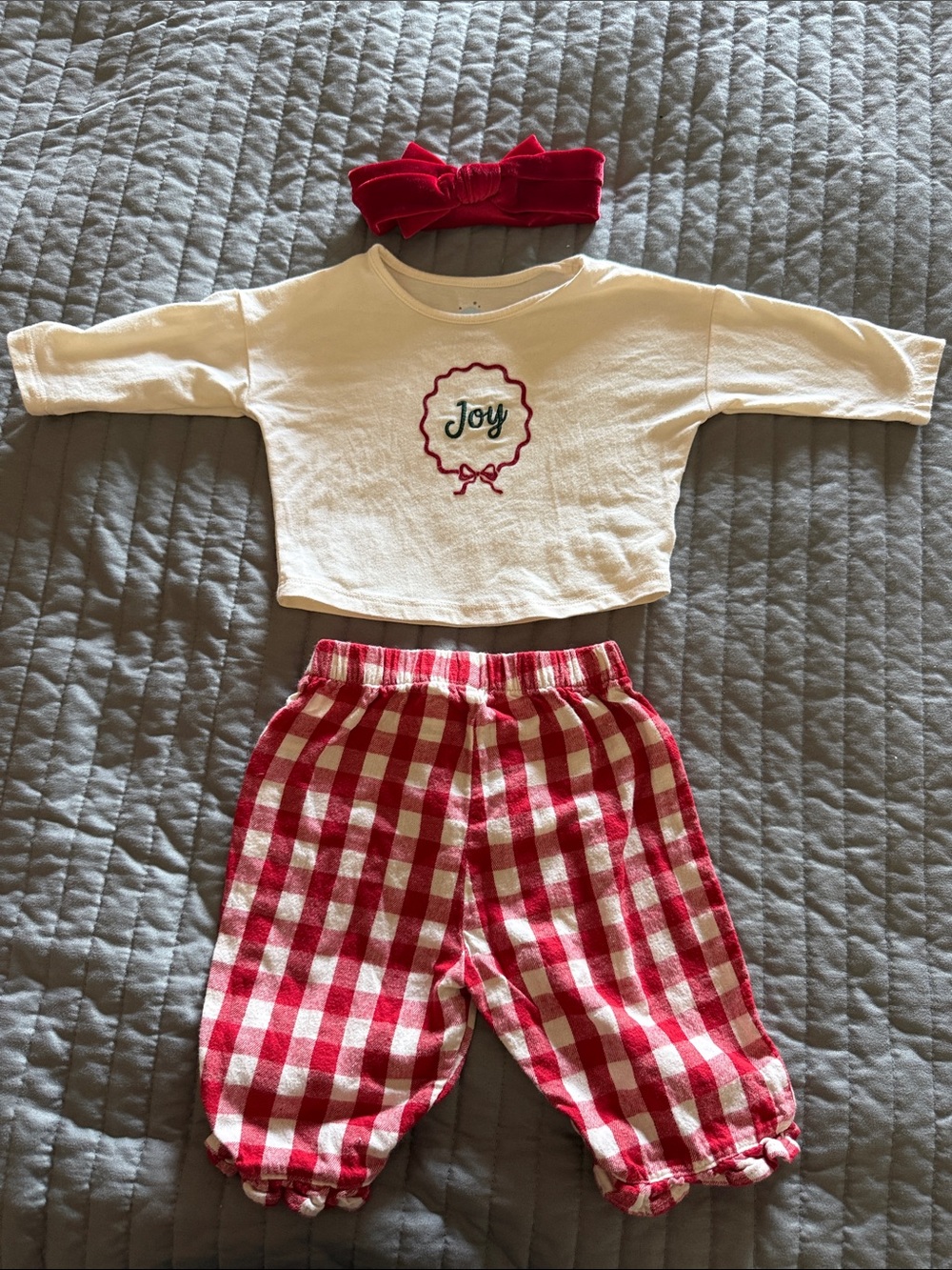 cloud island White Top and Red Gingham Pajama Set with Headband